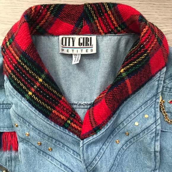 Vintage 80s Cropped Denim Jacket & Top Set, City Girl, Jean Plaid Blazer, Medium - Picture 6 of 16